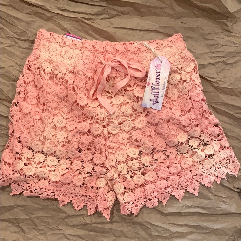 Pink Floral Lace Crochet Shorty Shorts